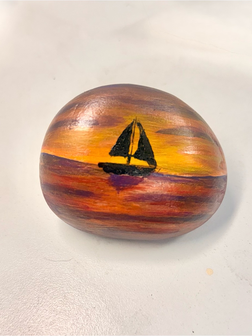 Hand-Painted Sunset Sailboat Decorative Stone